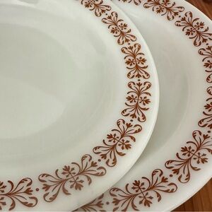 Set of 2 Vintage Pyrex Milk Glass Copper Filigree Soup Pasta Bowl Retro Plates